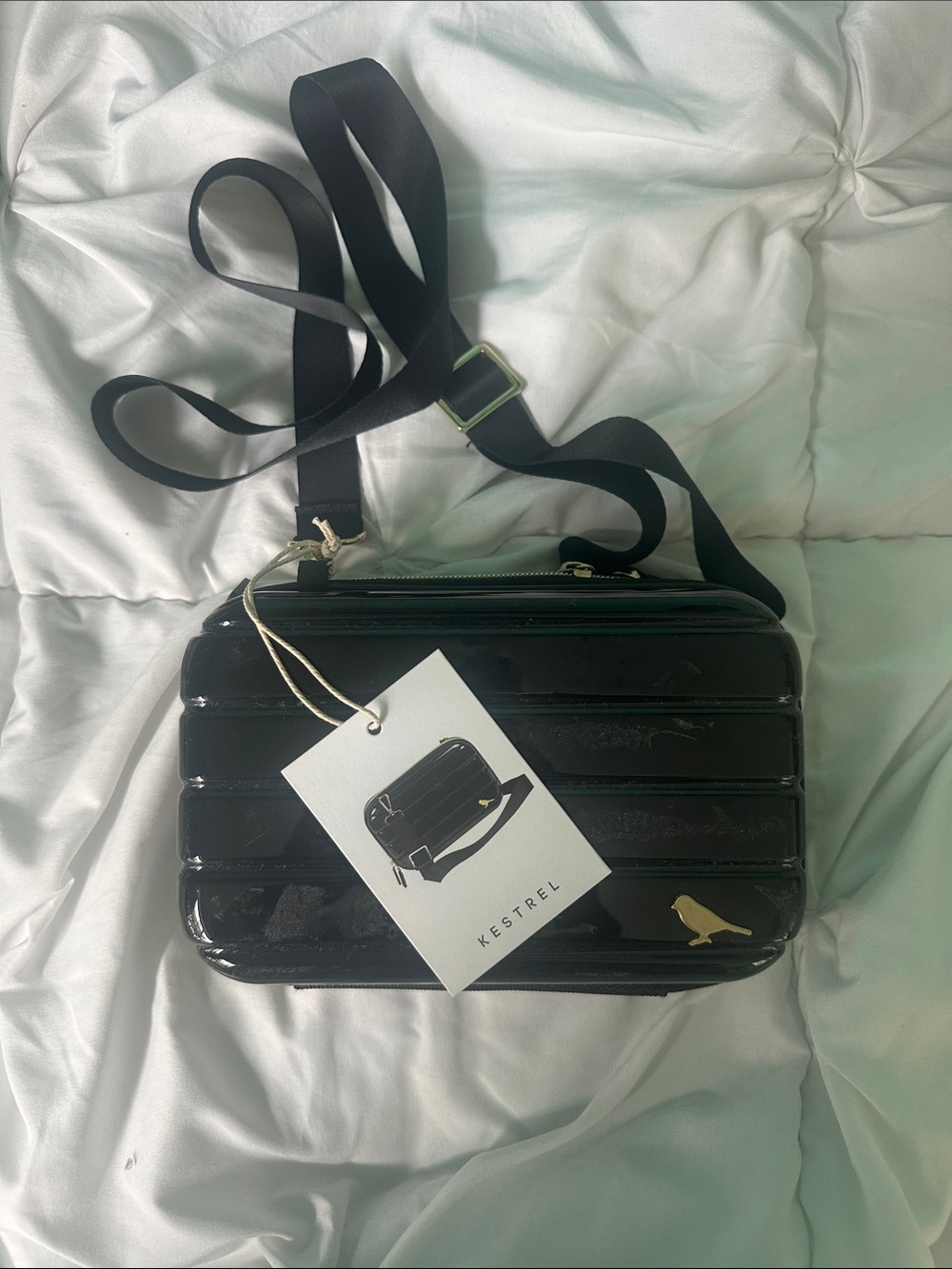 Kestrel Hard Shell Crossbody Bag Black with Gold Bird Logo NWT